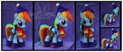 Size: 5686x2411 | Tagged: safe, artist:nazegoreng, rainbow dash, g4, boots, hat, irl, photo, plushie, rainbow dash always dresses in style, saddle bag, solo, watermark