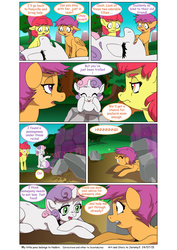 Size: 1024x1447 | Tagged: safe, artist:jeremy3, apple bloom, scootaloo, sweetie belle, earth pony, pony, comic:everfree, g4, comic, cutie mark crusaders, everfree forest, force field, panic, playing dead, prank, sweetie troll, trolling, unconscious