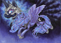 Size: 1660x1163 | Tagged: safe, artist:rinaii, nightmare moon, princess luna, alicorn, pony, g4, duality, female, flying, mare, night, s1 luna, traditional art