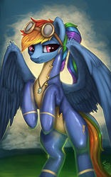 Size: 1500x2400 | Tagged: safe, artist:rain-gear, rainbow dash, g4, alternate hairstyle, female, latex, ponytail, rearing, solo, spread wings, whistle, wonderbolts uniform