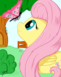 Size: 1024x1280 | Tagged: safe, artist:taxar, fluttershy, butterfly, g4, bush, colored, female, fence, smiling, solo