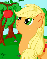 Size: 1024x1280 | Tagged: safe, artist:taxar, applejack, g4, apple, colored, female, grass, hatless, missing accessory, smiling, solo, tree
