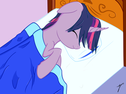 Size: 1600x1200 | Tagged: safe, artist:taxar, twilight sparkle, g4, bed, blanket, colored, female, pillow, sleeping, smiling, solo