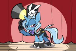 Size: 2039x1378 | Tagged: safe, artist:joeywaggoner, angel bunny, trixie, pony, unicorn, g4, bunny out of the hat, dapper, female, hat, magic trick, mare, solo, stage, top hat