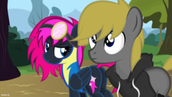 Size: 1024x576 | Tagged: safe, artist:noah-x3, oc, oc only, oc:neon flare, oc:noah, butt, clothes, couple, group, hoodie, plot, show accurate, wonderbolt trainee uniform