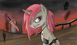 Size: 2500x1468 | Tagged: safe, artist:penby, oc, oc only, oc:wicked slit, pony, unicorn, fallout equestria, fallout equestria: murky number seven, female, knife, magic, mare, solo, telekinesis, wasteland