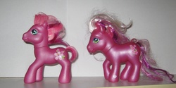 Size: 2020x1007 | Tagged: safe, cheerilee (g3), cherry blossom (g3), earth pony, pony, g3, duo, duo female, female, irl, photo, toy