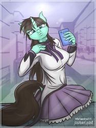 Size: 768x1024 | Tagged: safe, artist:jcosneverexisted, oc, oc only, anthro, art trade, clothes, cosplay, costume, selfie, skirt, solo