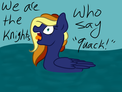 Size: 1024x768 | Tagged: safe, artist:ask-autumnblues, oc, oc only, duck pony, pegasus, pony, behaving like a bird, blue background, derp, female, knights who say ni, mare, monty python and the holy grail, open mouth, simple background, solo, swimming, tongue out, water, wide eyes