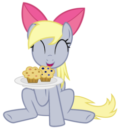 Size: 1194x1276 | Tagged: dead source, safe, derpy hooves, pegasus, pony, g4, ^^, apple bloom's bow, bow, eyes closed, female, hair bow, mare, muffin, simple background, solo, transparent background, vector