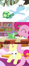 Size: 371x836 | Tagged: safe, screencap, angel bunny, fluttershy, gummy, pinkie pie, rainbow dash, tank, pony, rabbit, tortoise, do princesses dream of magic sheep, g4, tanks for the memories, the lost treasure of griffonstone, animal, cropped, eyes closed, female, kiss on the lips, kissing, mare, pets, platonic kiss