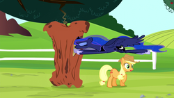 Size: 1280x720 | Tagged: safe, screencap, applejack, princess luna, do princesses dream of magic sheep, g4, apple, apple tree, flying, great moments in animation, smear frame