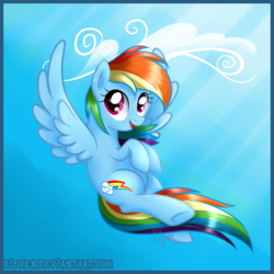 Size: 1200x1200 | Tagged: safe, artist:lifyen, rainbow dash, pegasus, pony, g4, cloud, female, flying, mare, open mouth, sky, solo, spread wings, wings