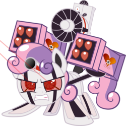 Size: 6000x6000 | Tagged: safe, artist:fangz17, sweetie belle, pony, robot, robot pony, unicorn, g4, absurd resolution, action pose, angry, female, filly, foal, gears, heart, hooves, horn, laser, missile, red eyes, rocket launcher, rocket pods, simple background, solo, sweetie bot, transparent background, vector, weapon
