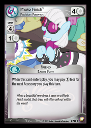 Size: 358x500 | Tagged: safe, enterplay, goldengrape, photo finish, sapphire shores, sir colton vines iii, earth pony, pony, equestrian odysseys, g4, my little pony collectible card game, rarity takes manehattan, ccg, female, happy, mare, merchandise, solo focus