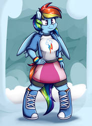 Size: 1800x2456 | Tagged: safe, artist:graphene, rainbow dash, pegasus, anthro, unguligrade anthro, g4, breasts, busty rainbow dash, clothes, equestria girls outfit, female, hand on hip, skirt, solo