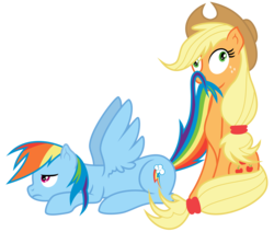 Size: 4250x3600 | Tagged: safe, artist:arcuswind, artist:pikamander2, applejack, rainbow dash, earth pony, pegasus, pony, g4, derp, female, frown, lesbian, mare, mouth hold, nom, prone, ship:appledash, shipping, silly, silly pony, simple background, sitting, spread wings, tail bite, taste the rainbow, transparent background, unamused, vector, who's a silly pony, wide eyes