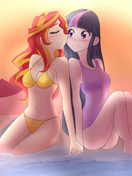Size: 1280x1709 | Tagged: safe, artist:jonfawkes, sunset shimmer, twilight sparkle, human, g4, belly button, bikini, blushing, cheek kiss, cleavage, clothes, duo, duo female, female, holding hands, humanized, kissing, lesbian, long hair, one-piece swimsuit, sexy, ship:sunsetsparkle, shipping, swimsuit