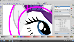 Size: 1366x768 | Tagged: safe, artist:parclytaxel, rarity, g4, eye, female, inkscape, linux, screenshots, simple background, solo, trisquel, vector, white background, wip
