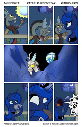 Size: 1000x1545 | Tagged: safe, artist:wadusher0, discord, princess luna, g4, angry, balcony, butt, censored vulgarity, comic, d:, frown, glare, grawlixes, grin, hoof hold, laughing, moon, moonbutt, night, pictogram, plot, praise the moon, prank, puffy cheeks, spit take, teacup, to the moon, unamused, wide eyes, yelling