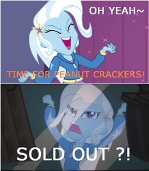 Size: 556x637 | Tagged: safe, trixie, human, equestria girls, g4, crackers, female, food, image macro, meme, peanut butter, peanut butter crackers, solo, that human sure does love peanut butter crackers, trixie yells at everything, vending machine