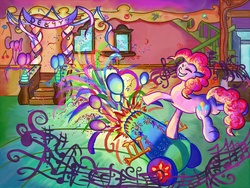 Size: 1920x1440 | Tagged: safe, artist:rosemary-thyme, pinkie pie, g4, balloon, eyes closed, female, party cannon, solo