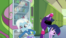 Size: 680x399 | Tagged: safe, edit, edited screencap, screencap, trixie, twilight sparkle, equestria girls, g4, vending machine