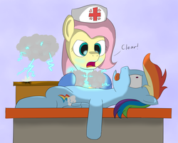 Size: 4044x3250 | Tagged: safe, artist:mkogwheel, fluttershy, rainbow dash, pegasus, pony, g4, blue background, cloud, defibrillator, duo, electricity, female, flutternurse, gloves, heart attack, hoof gloves, mare, nurse outfit, rubber gloves, simple background, tongue out