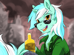 Size: 1280x958 | Tagged: safe, artist:halley-valentine, edit, lyra heartstrings, fallout equestria, g4, alcohol, bottle, female, recolor, solo, sunglasses, whiskey