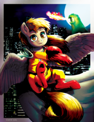 Size: 1623x2100 | Tagged: safe, artist:cigitia, derpy hooves, smooze, pegasus, pony, g4, boots, cape, city, cityscape, clothes, crossover, derp, epic derpy, female, fire, flying, looking at you, manga, mare, moon, night, one punch man, parody, saitama, superhero