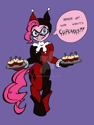 Size: 1024x1363 | Tagged: safe, artist:miffix, pinkie pie, earth pony, anthro, unguligrade anthro, g4, clothes, cosplay, costume, crossover, dc comics, deviantart watermark, harley quinn, obtrusive watermark, parody, pinkie quinn, watermark