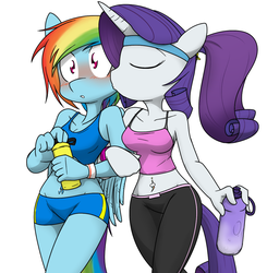 Size: 1004x1025 | Tagged: safe, artist:sandwich-anomaly, rainbow dash, rarity, pegasus, unicorn, anthro, g4, belly button, belly piercing, bellyring, blushing, clothes, eyes closed, female, kissing, lesbian, midriff, piercing, ship:raridash, shipping, shorts, simple background, surprise kiss, surprised, tank top, water bottle, white background, yoga pants