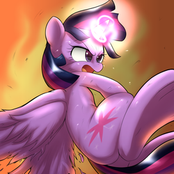 Size: 1000x1000 | Tagged: dead source, safe, artist:ushiro no kukan, twilight sparkle, alicorn, pony, g4, angry, epic, female, fight, glare, magic, plewds, solo, sweat, twilight sparkle (alicorn), underhoof