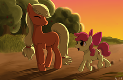 Size: 4000x2600 | Tagged: safe, artist:mricantdraw, apple bloom, applejack, g4, cutie mark exchange, sisters, sunset, swapped cutie marks