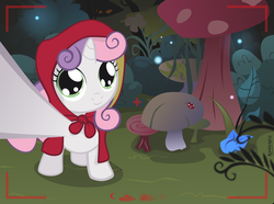Size: 3984x2957 | Tagged: safe, artist:rainihorn, sweetie belle, insect, ladybug, pony, unicorn, g4, cute, diasweetes, female, filly, high res, little red riding hood, mushroom, poison joke, selfie, show accurate, solo