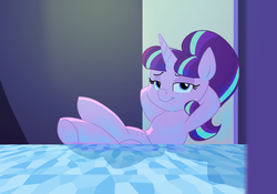 Size: 1150x804 | Tagged: safe, artist:carnifex, starlight glimmer, pony, unicorn, g4, the cutie re-mark, bedroom eyes, female, hooves on the table, looking at you, mare, s5 starlight, scene interpretation, smiling, smirk, smug, smug smile, smuglight glimmer, solo, welcome home twilight