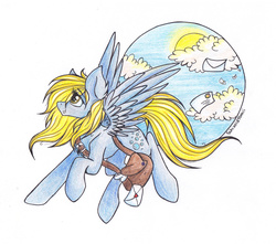 Size: 2384x2108 | Tagged: safe, artist:schizoidtomii, derpy hooves, pegasus, pony, g4, background pony, bag, female, high res, letter, mare, smiling, solo, traditional art, wings