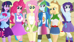 Size: 1600x900 | Tagged: safe, artist:jbond, applejack, fluttershy, pinkie pie, rainbow dash, rarity, twilight sparkle, alicorn, human, equestria girls, g4, breasts, canterlot high, female, humane five, humane six, twilight sparkle (alicorn), wallpaper