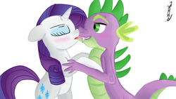 Size: 1280x720 | Tagged: safe, artist:jbond, rarity, spike, dragon, pony, unicorn, g4, bipedal, blushing, duo, eyes closed, female, french kiss, kissing, male, mare, older, older spike, ship:sparity, shipping, signature, simple background, straight, white background