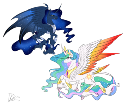 Size: 5500x4500 | Tagged: safe, artist:thedudegamer, princess celestia, princess luna, classical unicorn, g4, absurd resolution, cloven hooves, curved horn, horn, leonine tail, simple background, tail feathers, transparent background, unshorn fetlocks