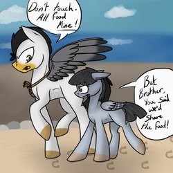 Size: 650x650 | Tagged: safe, artist:chezamoon18, oc, oc only, oc:peep, bird pone, pigeon, seagull, beach, dialogue, ocean, sand