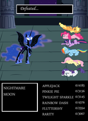 Size: 652x900 | Tagged: safe, artist:drpain, applejack, fluttershy, nightmare moon, pinkie pie, rainbow dash, rarity, twilight sparkle, alicorn, earth pony, pegasus, pony, unicorn, g4, bad end, boss battle, defeated, final fantasy, mane six, parody, rpg, rpg battle, unicorn twilight, video game