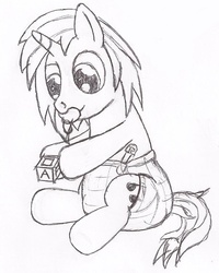 Size: 600x750 | Tagged: safe, artist:datspaniard, dj pon-3, vinyl scratch, g4, adult foal, cloth diaper, diaper, female, monochrome, non-baby in diaper, pacifier, poofy diaper, safety pin, solo