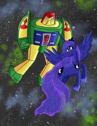 Size: 788x1014 | Tagged: safe, artist:kartoon12, princess luna, alicorn, pony, robot, g4, cosmos (transformers), crossover, duo, female, mare, space, the cosmos, transformers