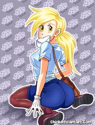 Size: 608x803 | Tagged: safe, artist:chiok, derpy hooves, human, g4, clothes, female, humanized, letter, looking back, mailbag, mailmare, mouth hold, solo, uniform