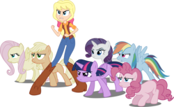 Size: 6545x4000 | Tagged: dead source, safe, artist:dashiemlpfim, artist:xebck, applejack, fluttershy, megan williams, pinkie pie, rainbow dash, rarity, twilight sparkle, alicorn, earth pony, human, pegasus, pony, unicorn, equestria girls, g1, g4, absurd resolution, boots, clothes, commission, eyes, female, fighting stance, freckles, g1 to g4, generation leap, group, hand, mane six, mare, missing cutie mark, pants, simple background, transparent background, twilight sparkle (alicorn)