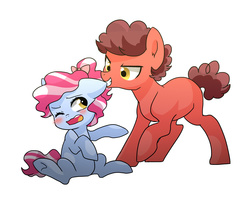 Size: 2500x2000 | Tagged: safe, artist:kianamai, oc, oc only, oc:cotton candy, oc:epic parody, kilalaverse, blushing, colt, ear bite, female, filly, hair bow, high res, male, next generation, offspring, parent:cheese sandwich, parent:pinkie pie, parent:pokey pierce, parent:unnamed oc, parents:canon x oc, parents:pokeypie, simple background, teasing, white background