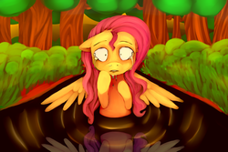 Size: 3000x2000 | Tagged: safe, artist:misstwipietwins, fluttershy, pegasus, pony, g4, context is for the weak, crying, female, high res, metal gear, shrunken pupils, solo, spread wings, stray strand, teary eyes, water, wings