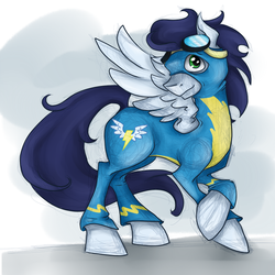 Size: 750x750 | Tagged: safe, artist:chromaflow, soarin', g4, backwards cutie mark, crossed arms, goggles, male, solo, spread wings, wonderbolts uniform