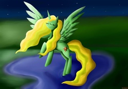 Size: 1024x717 | Tagged: safe, artist:ponytheriggs77, oc, oc only, oc:green bell, alicorn, pony, alicorn oc, blonde mane, eyes closed, flowing mane, flying, lake, night, ponysona, solo